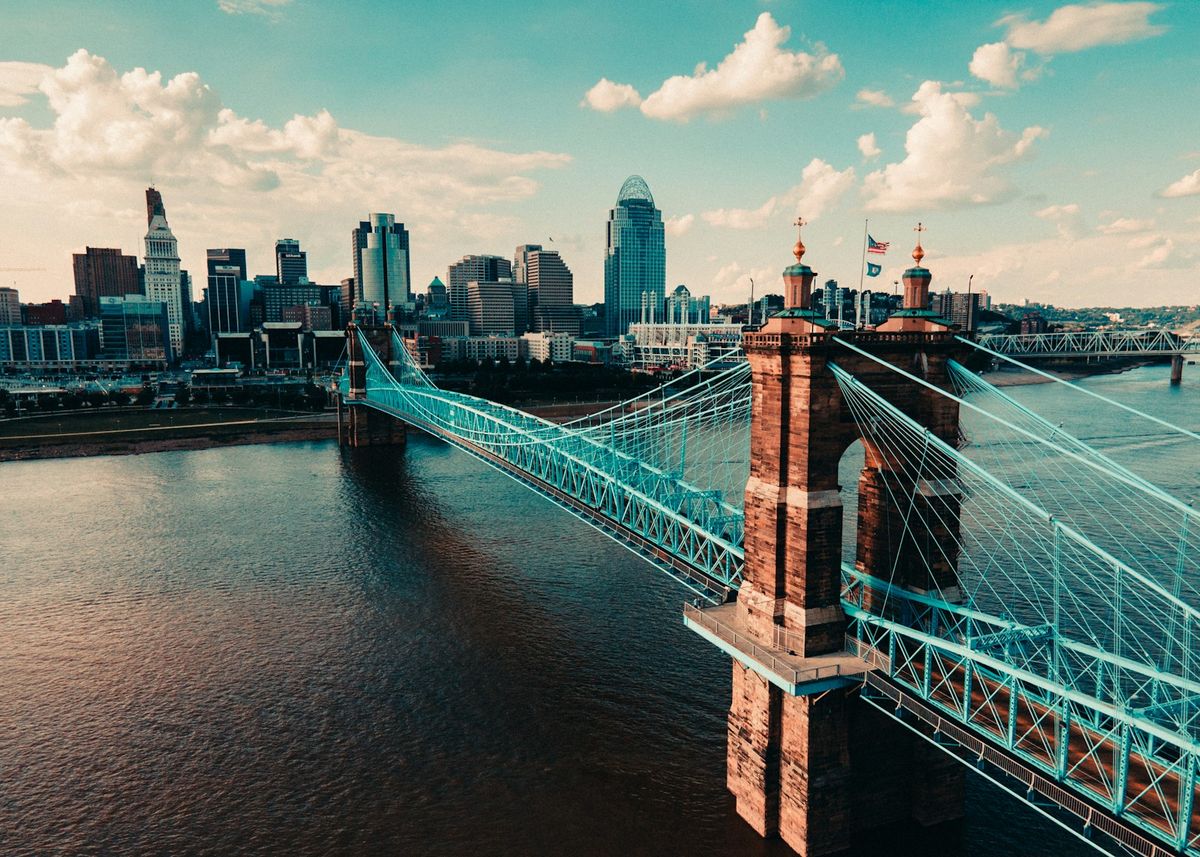 The Cincinnati skyline and the John A. Roebling Suspension Bridge over the Ohio River